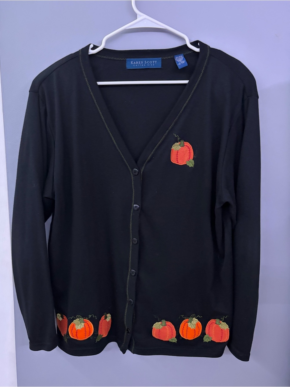 Karen Scott Black Cardigan Sweater with Pumpkin Embroidery